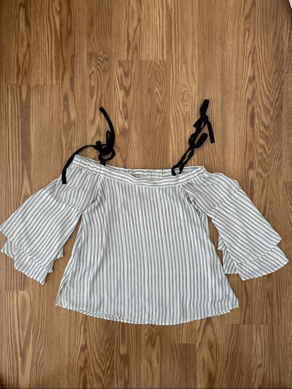 LOFT White and Black Striped Off-Shoulder Tie-Shoulder Blouse